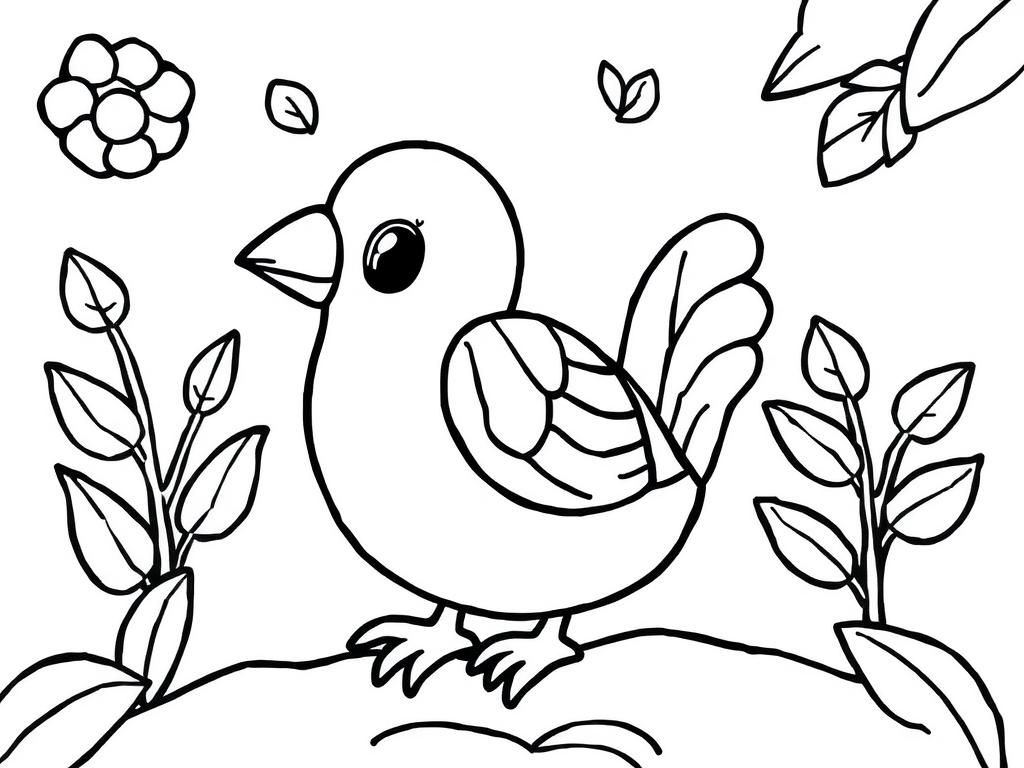 Bird Coloring Page with Flowers