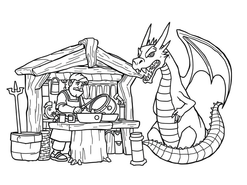 Preview of 145 / 5 000 Draw a coloring page: the blacksmith is working in the workshop, next to the workshop there is a scary dragon. On a white background with black contours, without colors