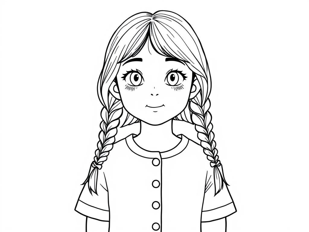 Preview of 15 yo girl with long straight hair in two braids and white t-shirt with buttons