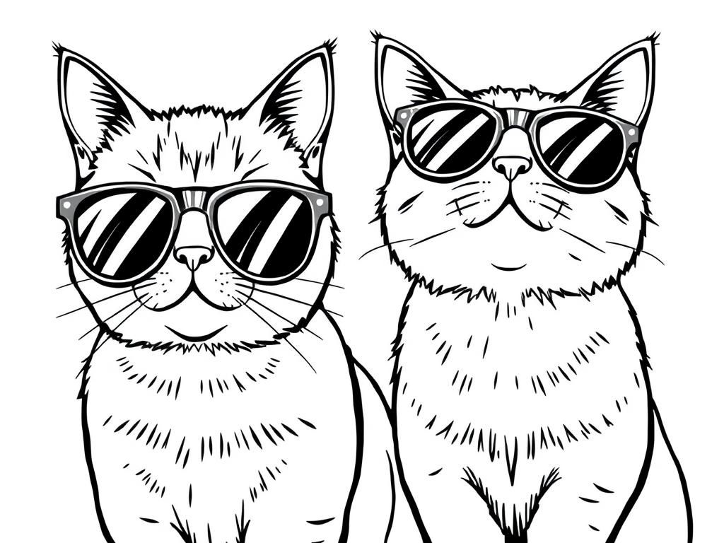 2 cats wearing sunglasses - Free Printable Coloring Page