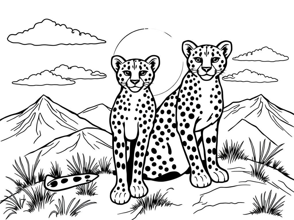 2 cheeta’s on a mountain with the sun and clouds behind them