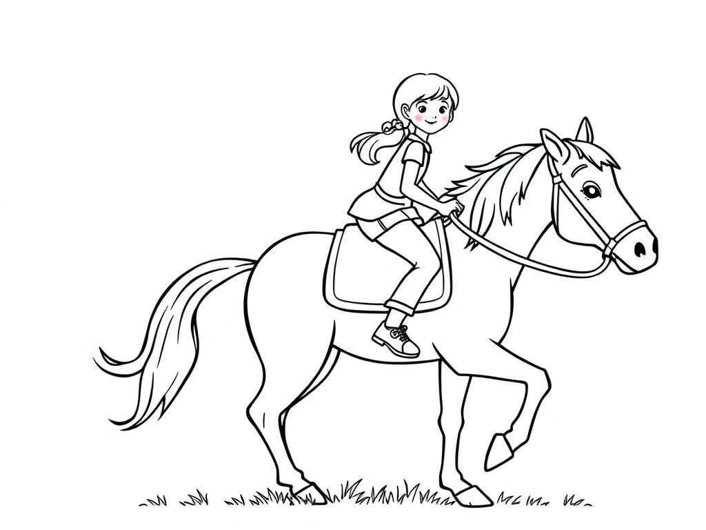 Coloring Page of a Girl Riding a Horse