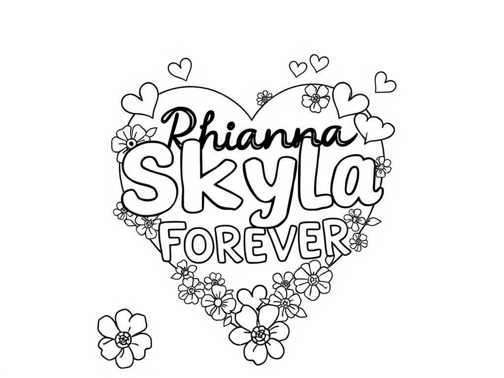 Preview of 2 names Rhianna SKYLA FOREVER in a heart with hearts flowers