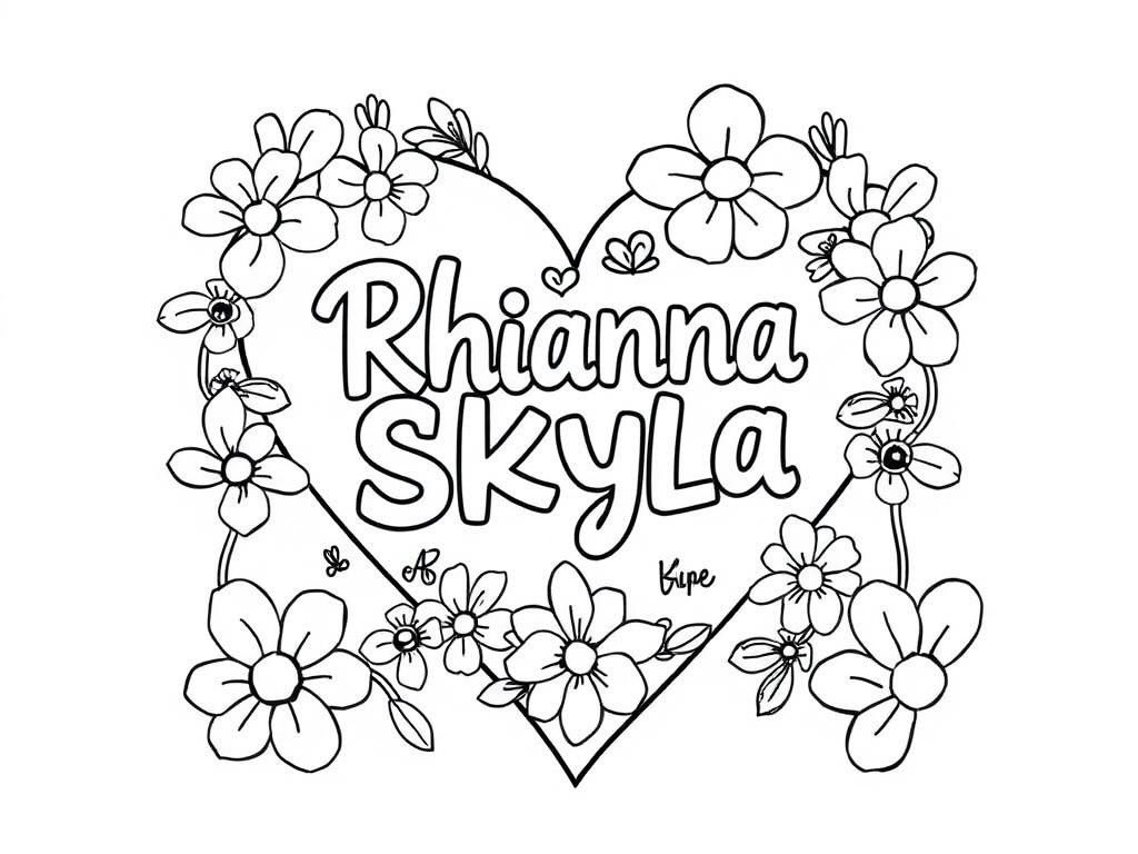 Preview of 2 names Rhianna SKYLA in a heart with flowers
