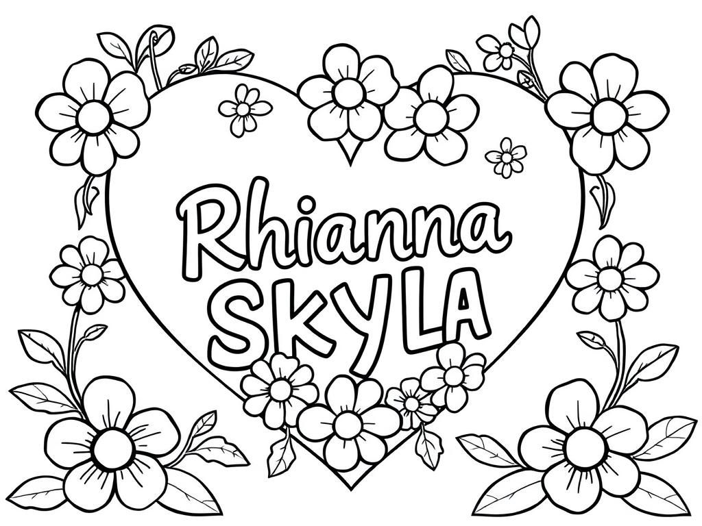 Preview of 2 names Rhianna SKYLA in a heart with flowers