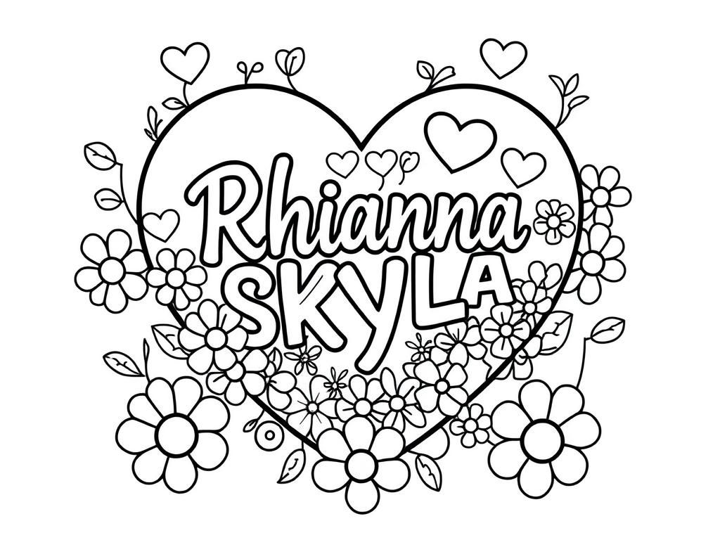 Preview of 2 names Rhianna SKYLA in a heart with hearts flowers