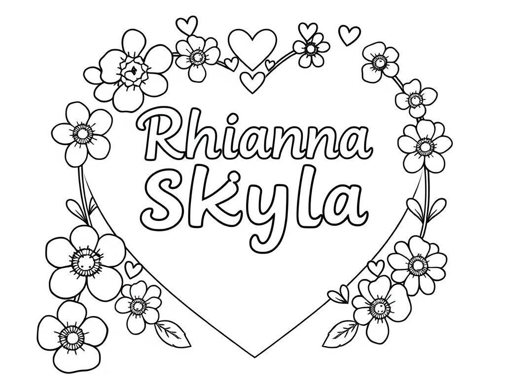 Preview of 2 names Rhianna SKYLA in a heart with hearts flowers