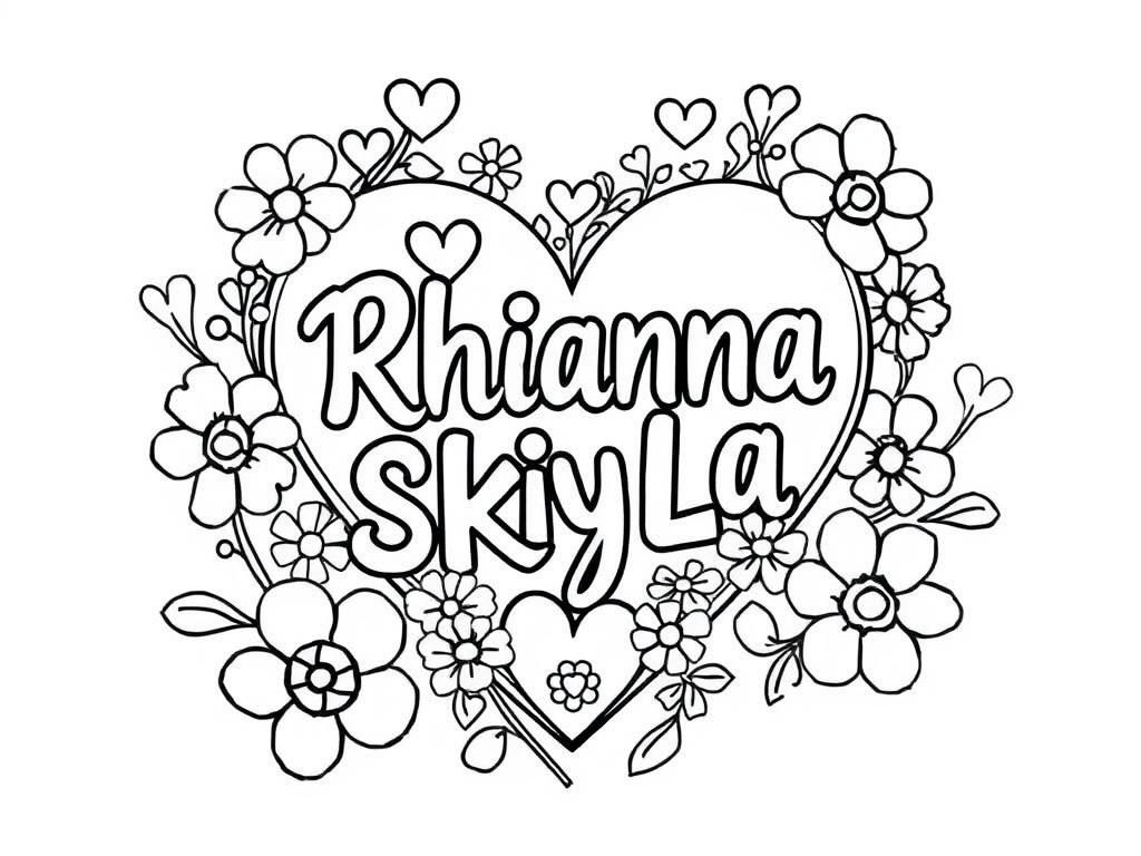 Preview of 2 names Rhianna SKYLA in a heart with hearts flowers
