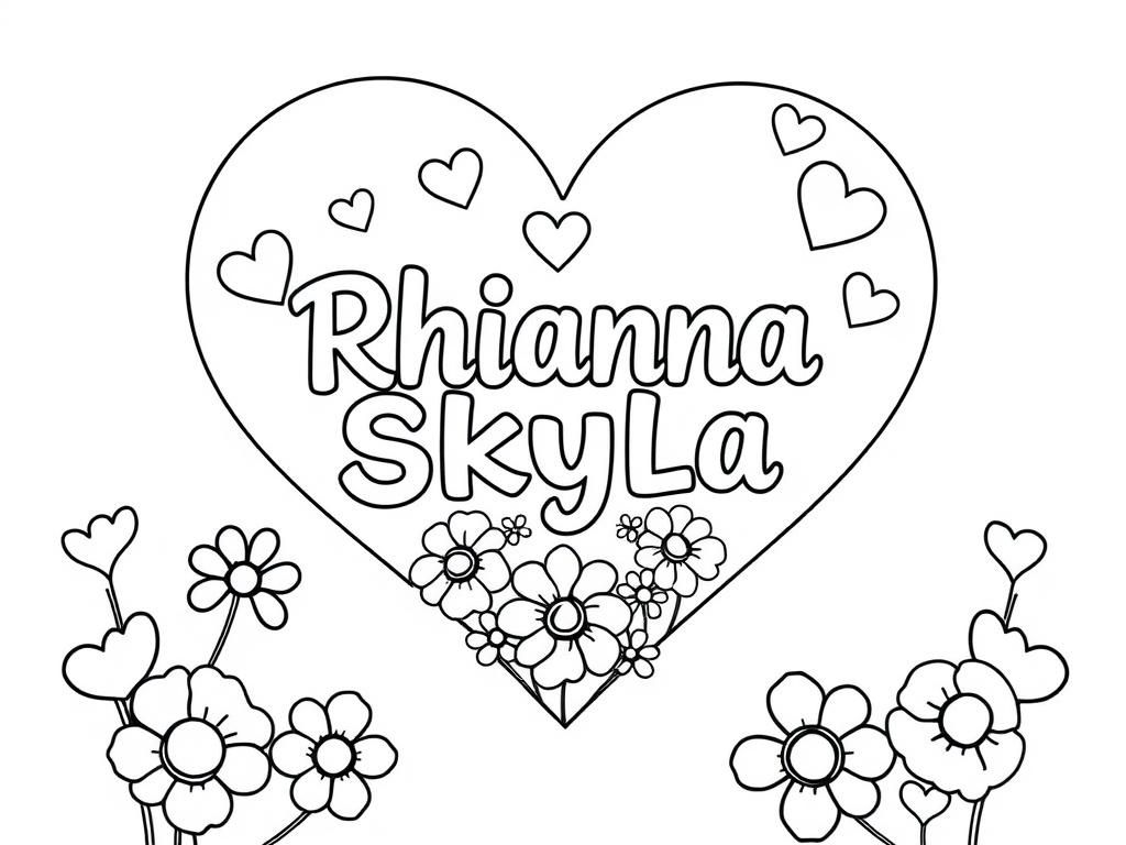 Preview of 2 names Rhianna SKYLA in a heart with hearts flowers