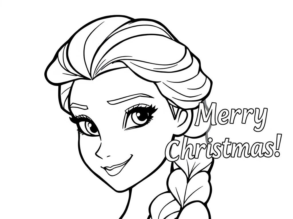 "2025 Merry Christmas!" in letters next to the detailed head of Elsa - Free Printable Coloring Page