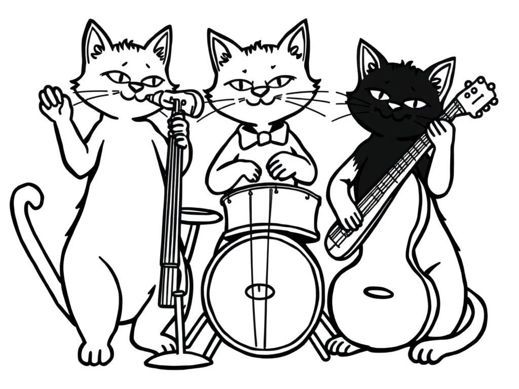 3 Cats playing in a jazz band - Free Printable Coloring Page