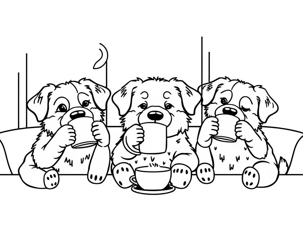 Preview of 3 Comfy and cozy dogs drinking tea in Bobby goods style