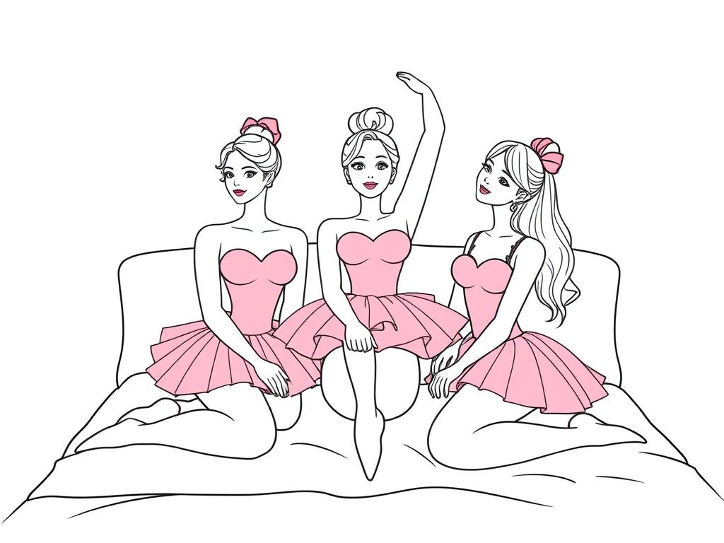 3 pretty ballerina women wearing pink tutus and are in different ballet poses and are sitting on a bed