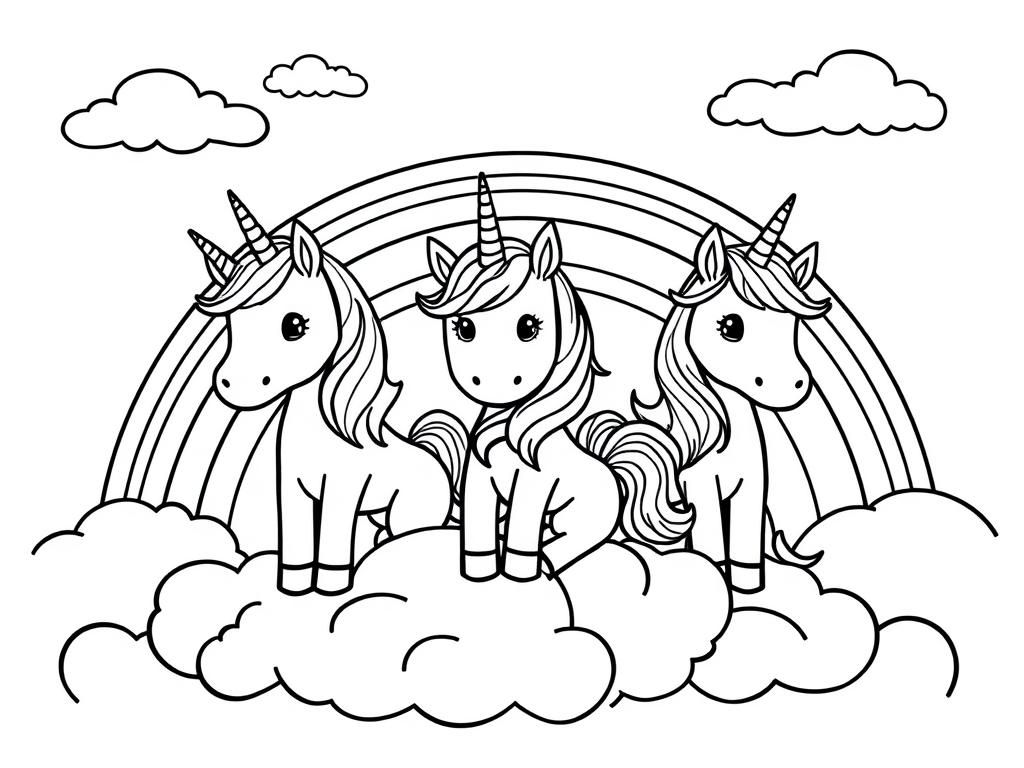 Preview of 3 unicorns on top of the clouds in the sky with a rainbow