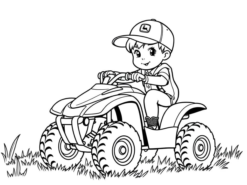 Preview of 4-year old boy with john deere baseball hat and cowboy boots on a small four-wheel ATV