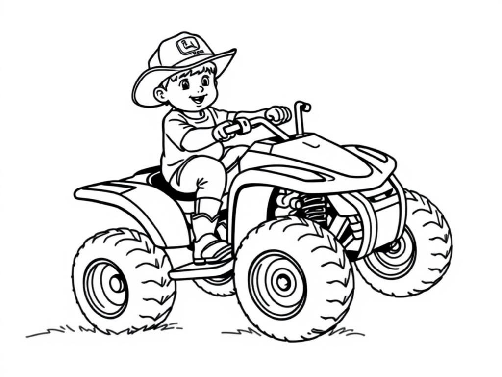 Preview of 4-year old boy with john deere hat and cowboy boots on a small four-wheel ATV