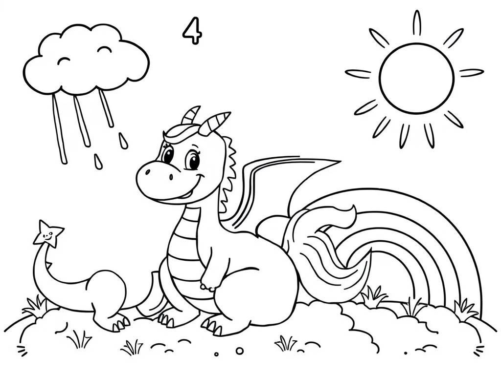 Dragon Coloring Page with Rainbow and Cloudy Sky