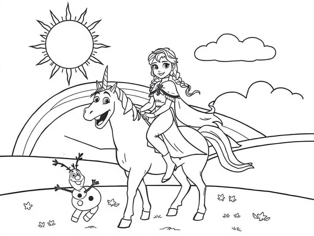 Elsa Riding Unicorn Coloring Page
