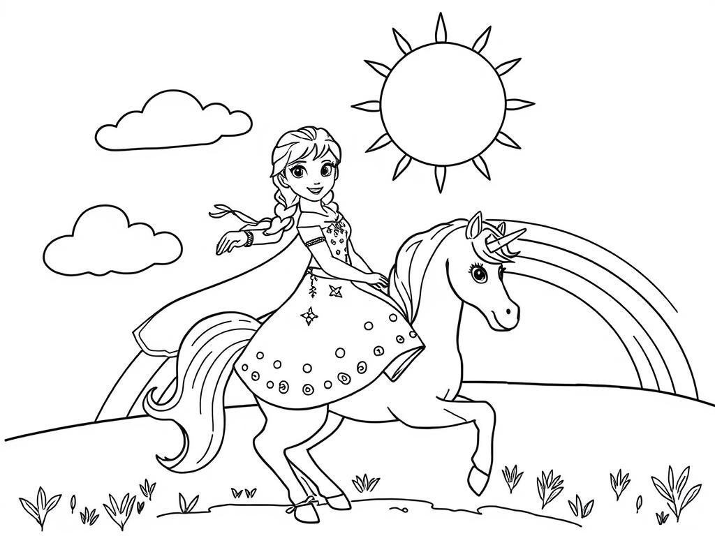 Elsa Riding Unicorn Coloring Page