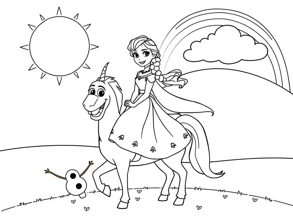 Elsa Riding Unicorn Coloring Page