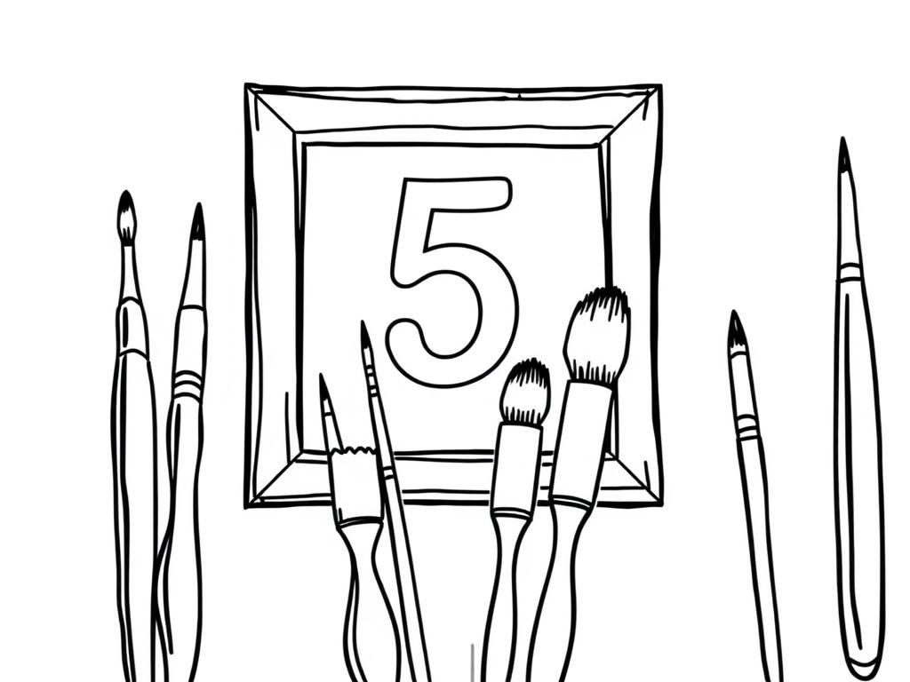 Preview of 5 paint brushes with a big picture frame with a big number 5 on it