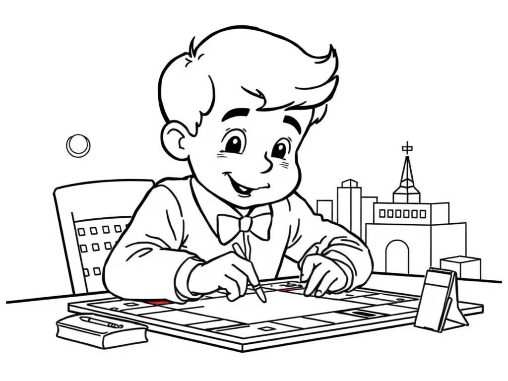 Boy Drawing a Cityscape Coloring Page