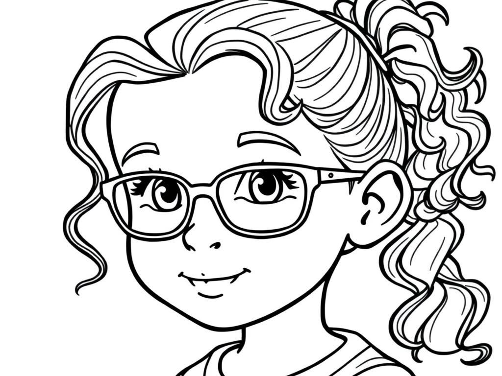 Preview of 7 yo girl with a curly hair in a ponytail and square glasses