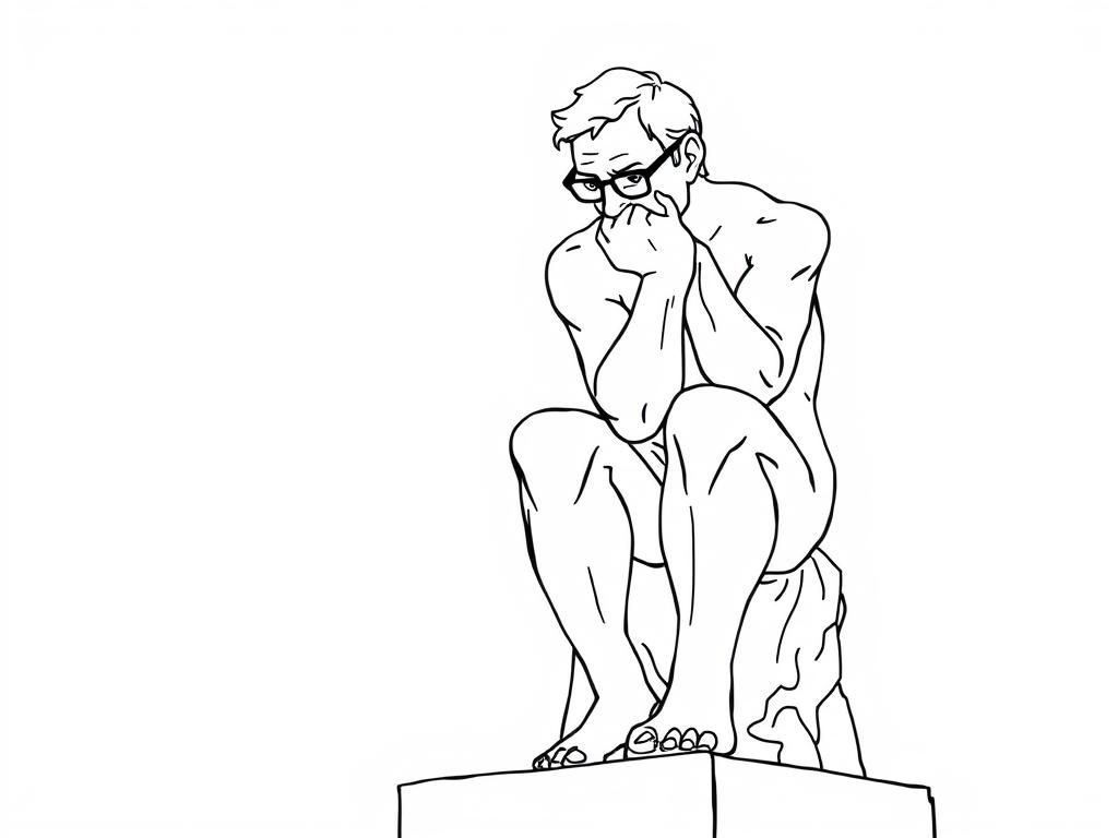 Preview of 70 year old man with glasses sitting in Rodin's "The Thinker" pose