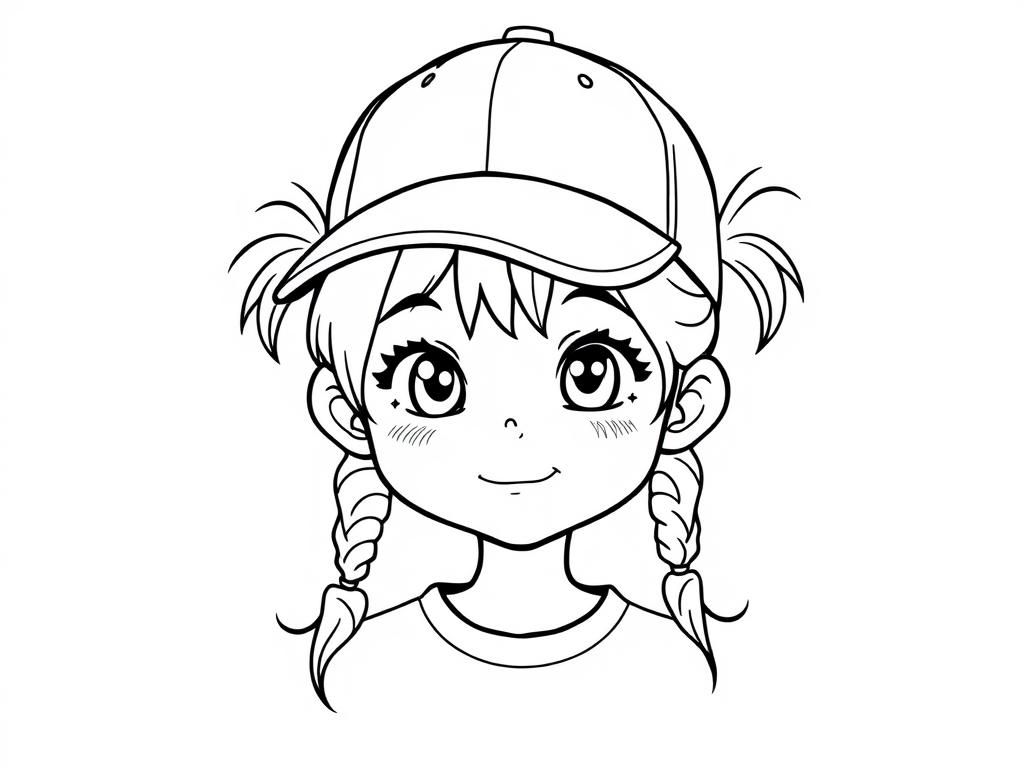 9 yo girl in a baseball hat with two long tousled pigtails and with impish look