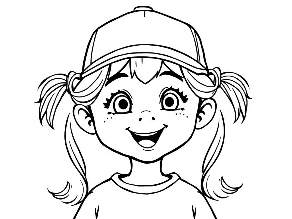 Preview of 9 yo girl in a baseball hat with two long tousled pigtails and with playful expression