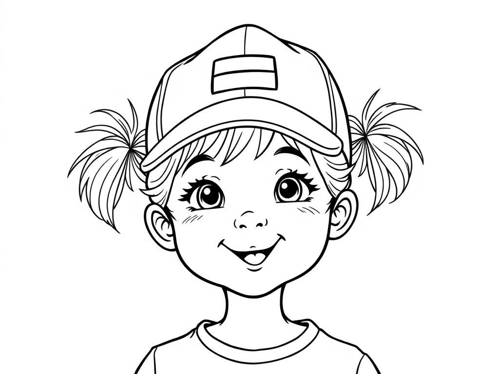 9 yo girl in a baseball hat with two tousled pigtails and with playful expression