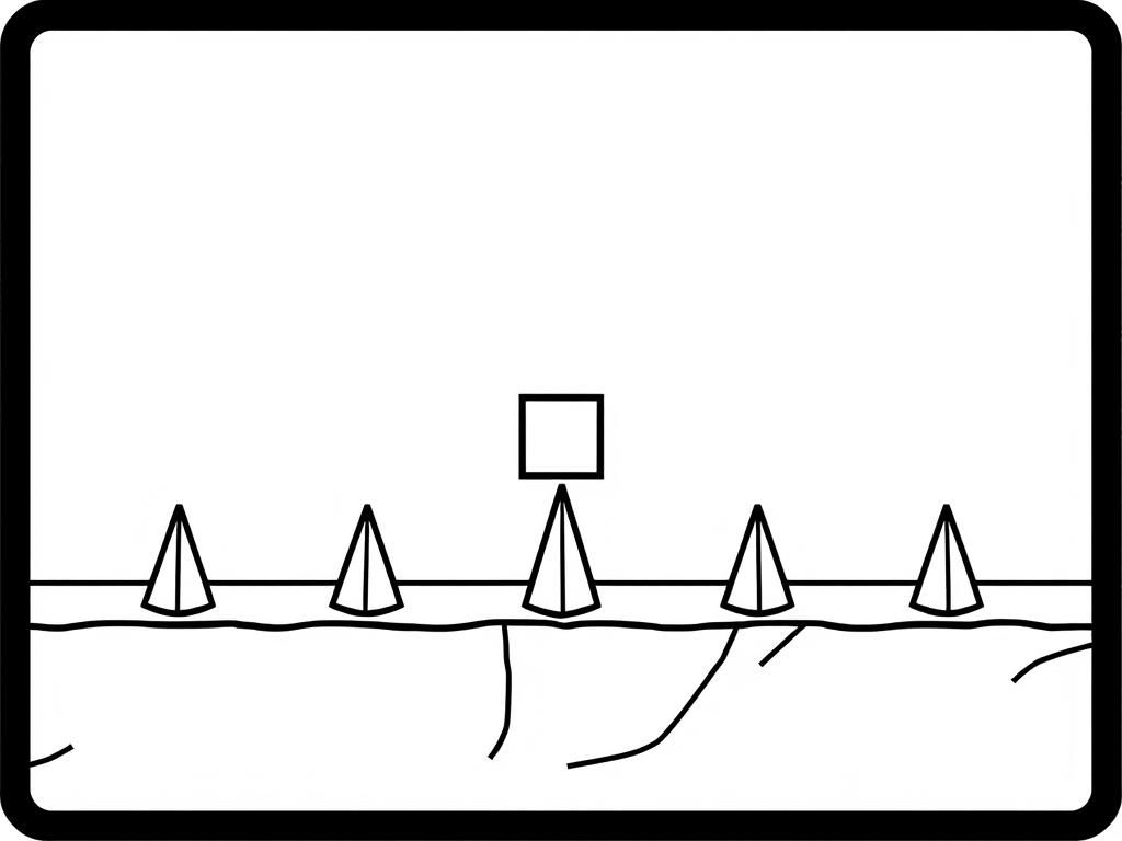 A 2D platformer with a small square jumping over spikes that are in a row in a tablet is geometry dash