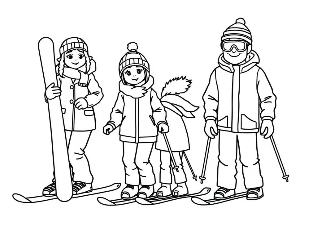 Skiing Kids Winter Fun Coloring Page