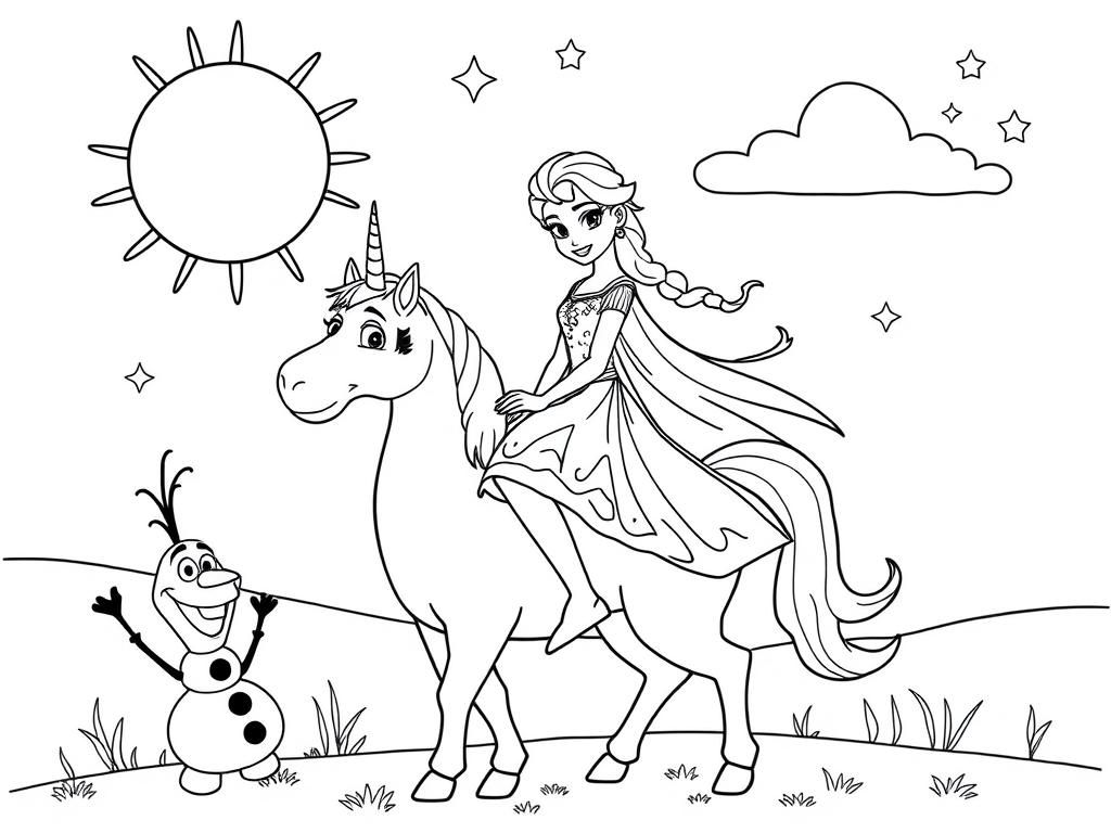 Elsa Unicorn Ride Coloring Page
