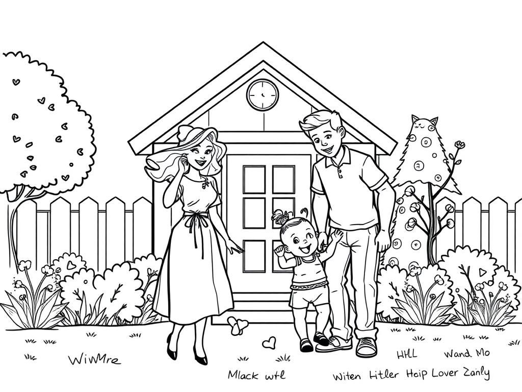 Preview of a 50's advertising style happy family with mother, father, and child playing in the front yard