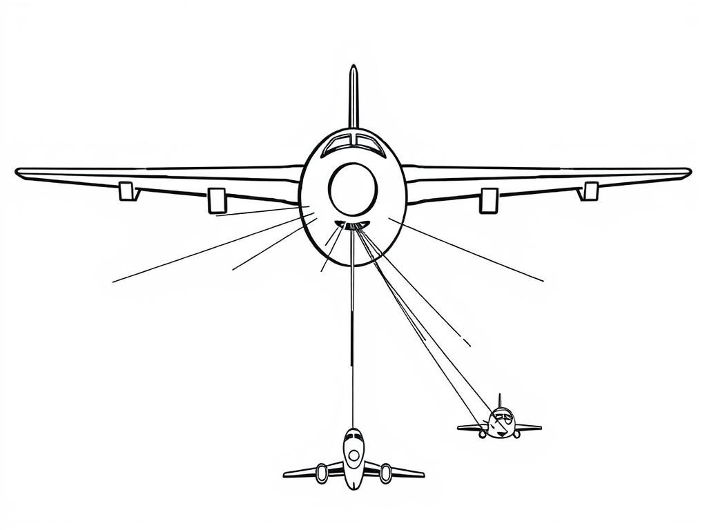 A airplane shooting an array of lasers through the front of the ship towards another airplane smaller than the airplane shooting lasers