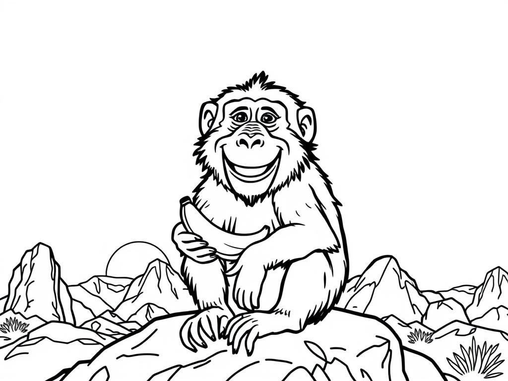 "A baboon with a big smile, holding a tiny banana, sitting on a rock. Background: a rocky savanna with a glowing sunset." - Free Printable Coloring Page