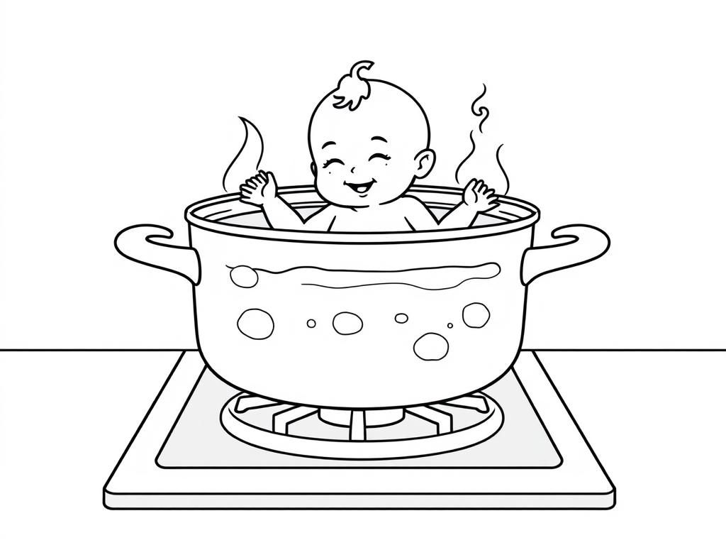 Preview of a baby in a cook pot full of water on a gas stove in a kitchen