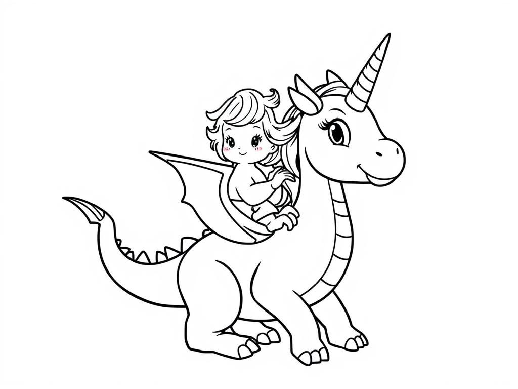 A baby unicorn riding a dragon - Free Printable Coloring Page