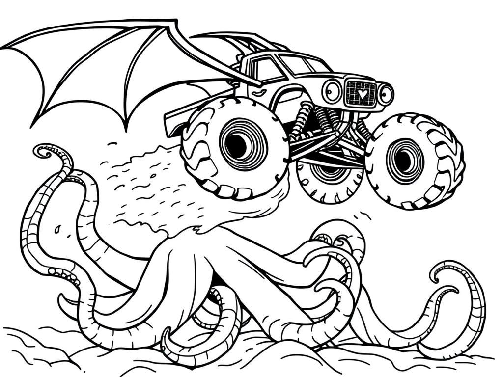 Preview of a bat monster truck flying over a octopus and activating it's turbo fire to run away frm the octopus