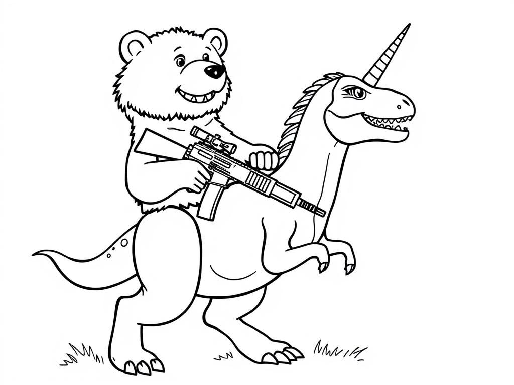 Preview of A bear with an ak47 riding on a trex unicorn