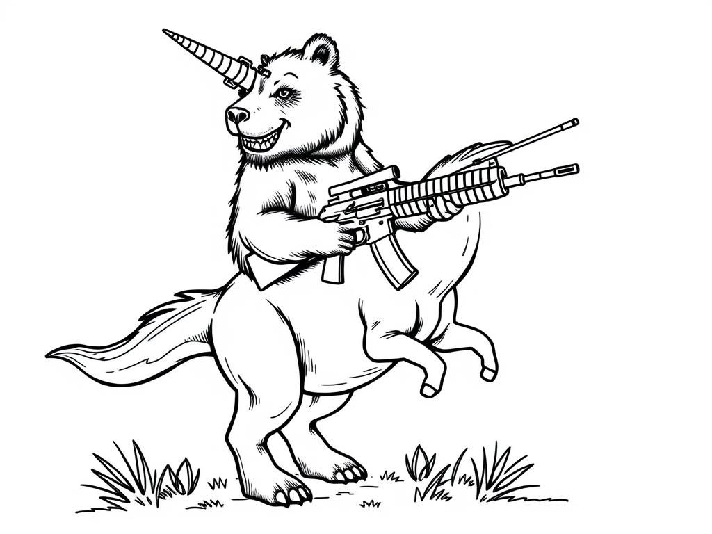 A bear with  an Full auto  ak47 riding on a trex unicorn