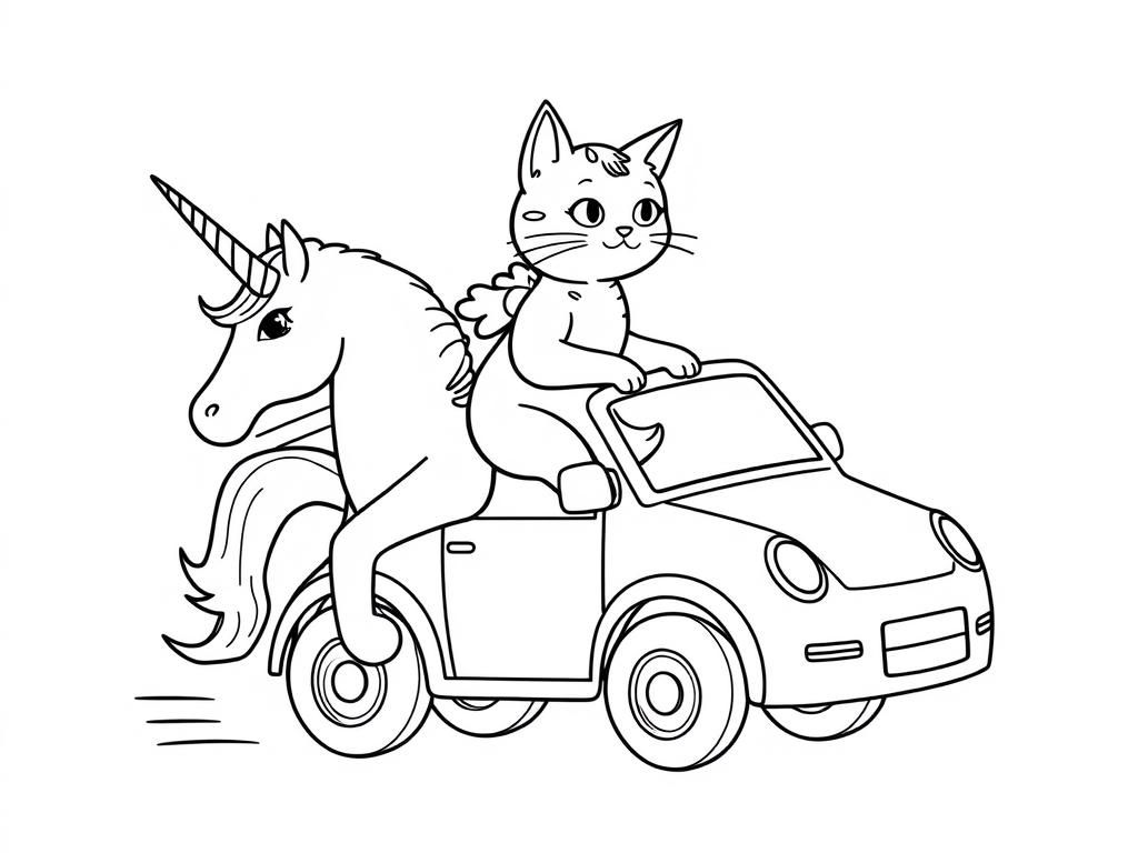 Preview of a beautiful cat riding a unicorn which is riding a larger car