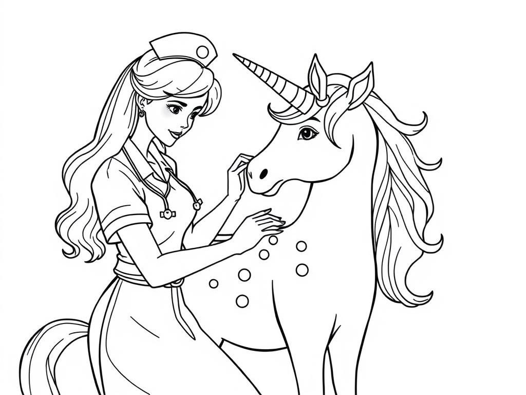 Nurse and Unicorn Coloring Page