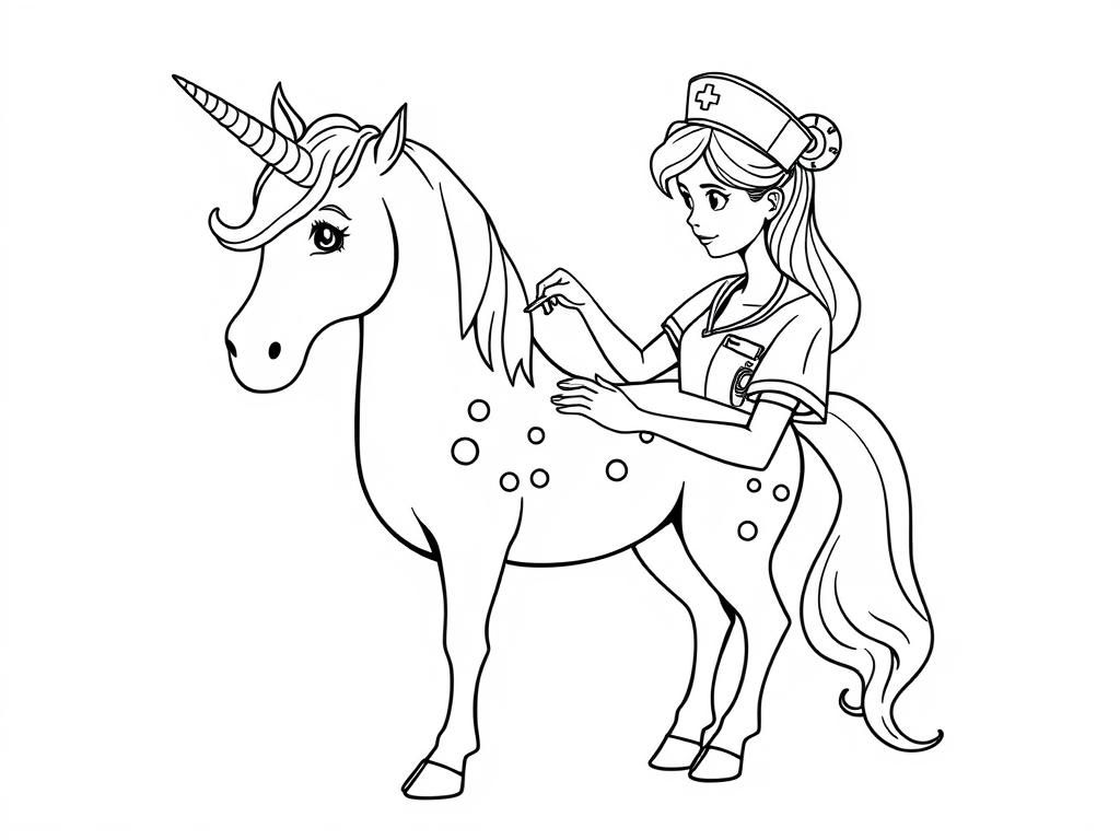 Nurse and Unicorn Coloring Page