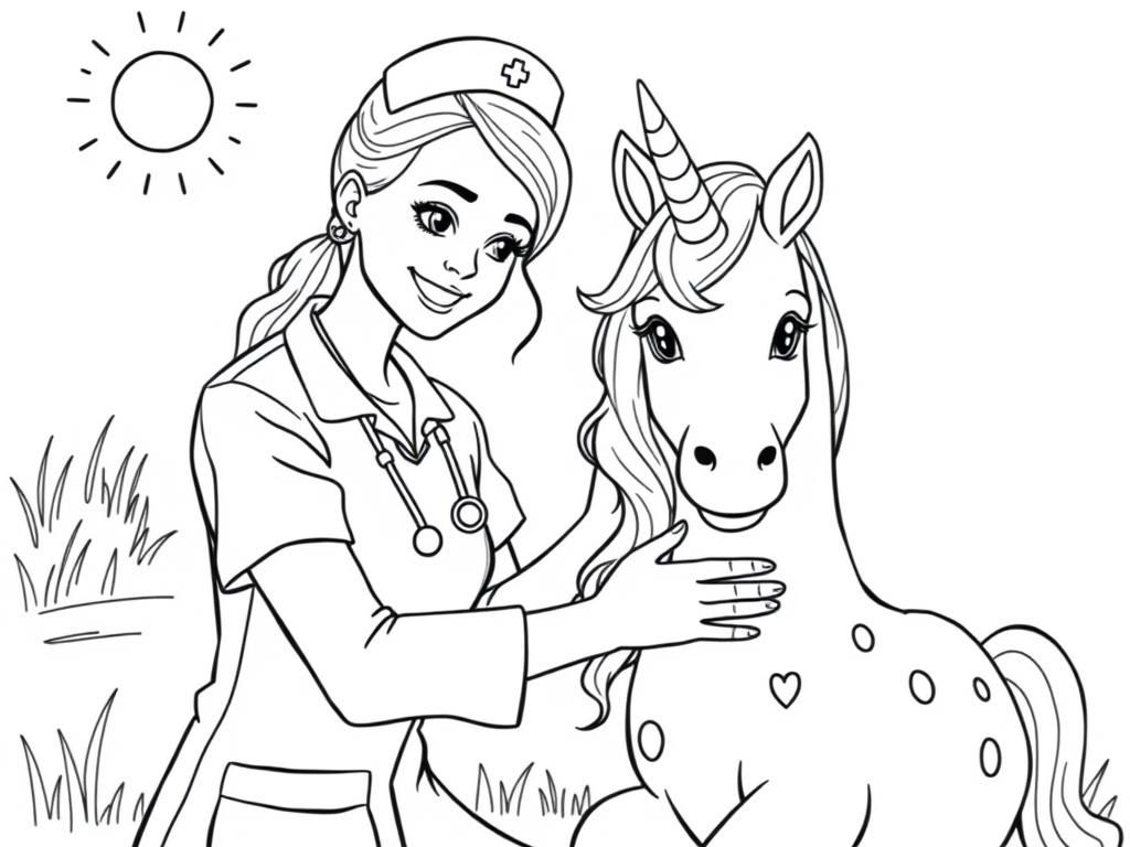 Nurse and Unicorn Coloring Page