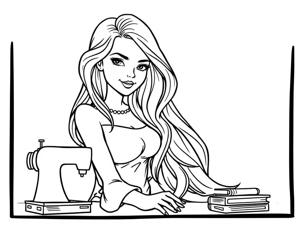 A beautiful woman with long hair, sitting on a desk with a sewing machine and some books visible