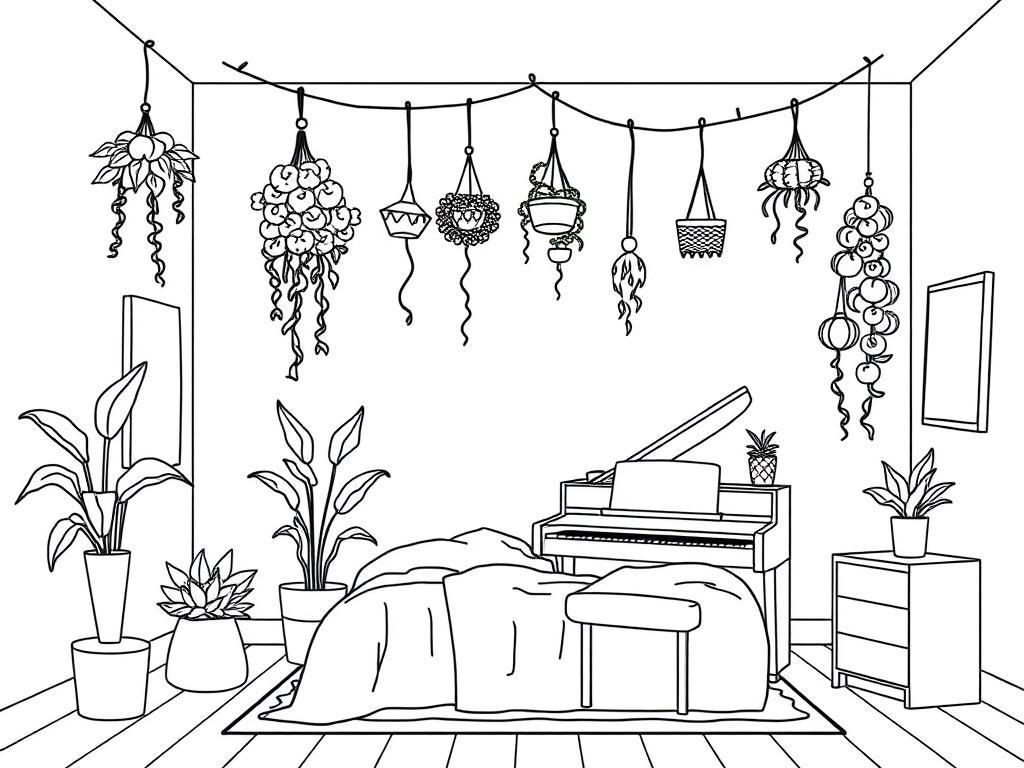 a bedroom with hanging plants and and string of lights over the bed with a piano