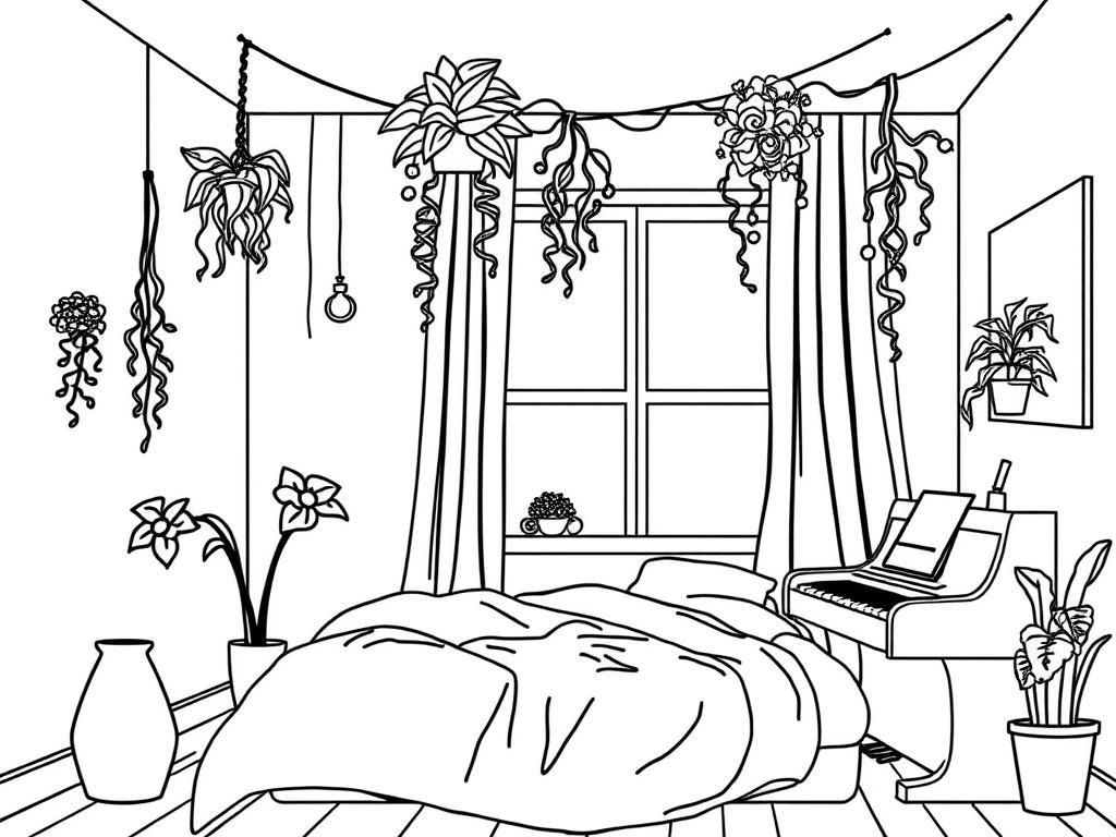 Cozy Bedroom with Plants Coloring Page