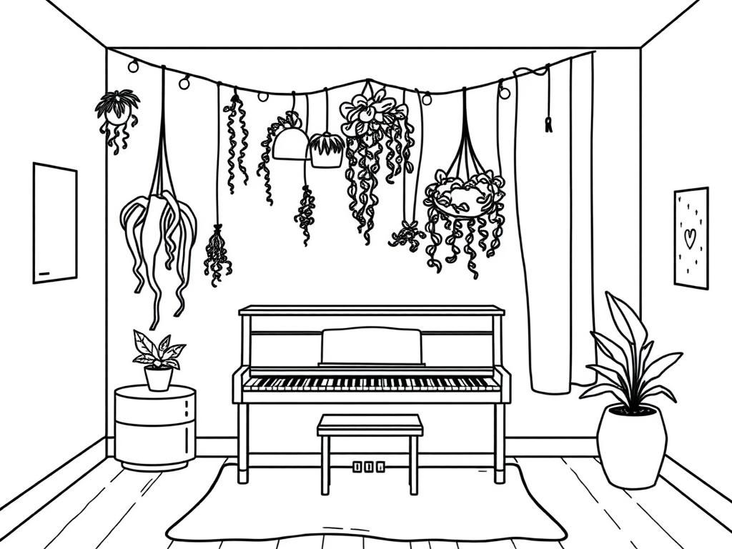 a bedroom with hanging plants and and string of lights over the bed with a piano